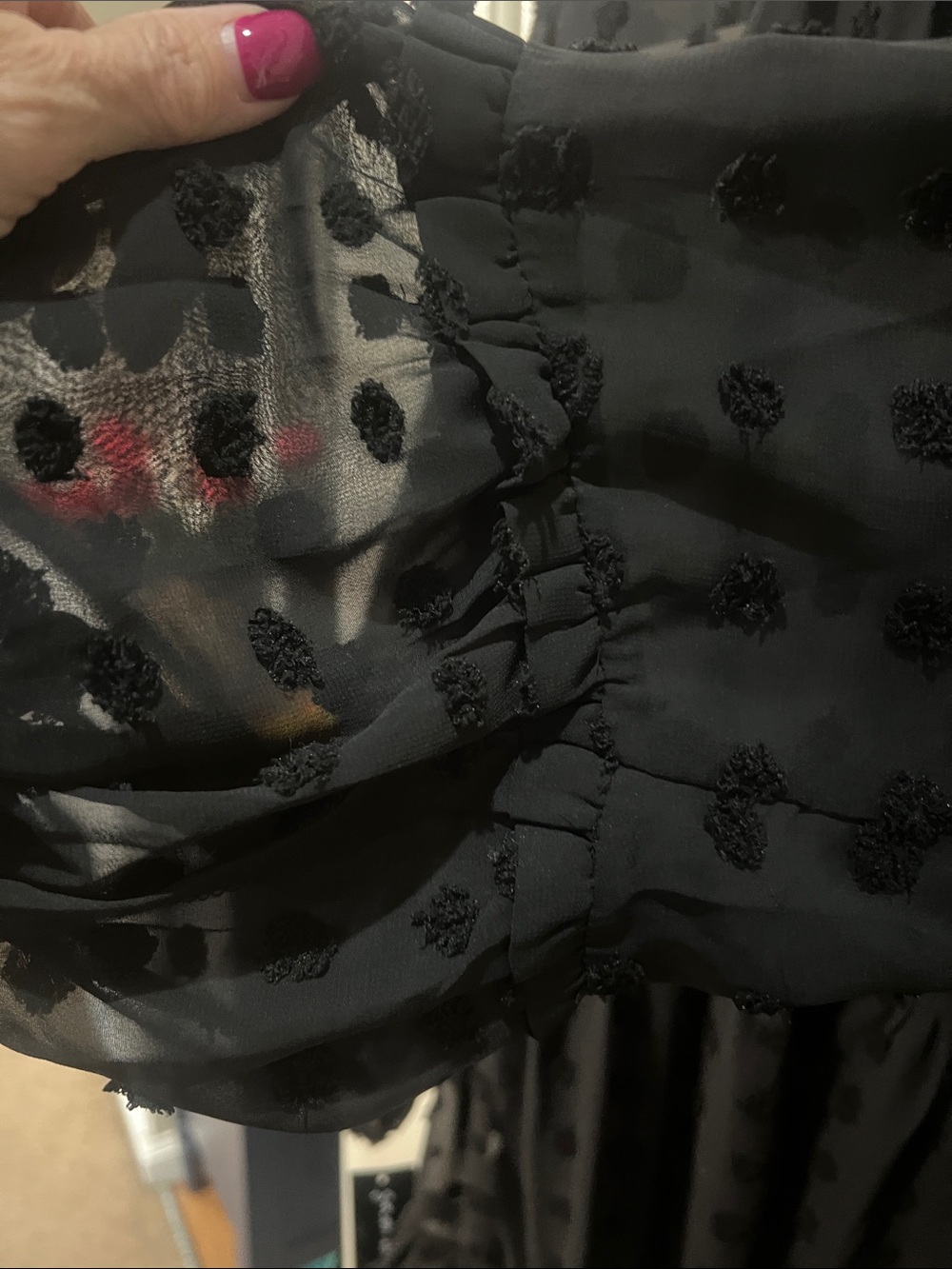 Black Sheer Swiss Dot Midi Dress with Ruffled Hem - Picture 12 of 12